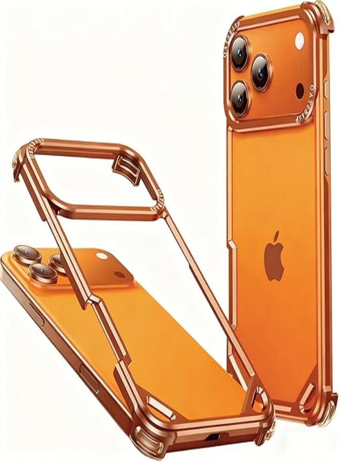 LUVI Compatible with iPhone 17 Pro Max Bumper Case Aluminum Frame Metal No Back Design Thin with 4 Corners Silicone Pads Shockproof Protection Cover for Woman Man-Orange